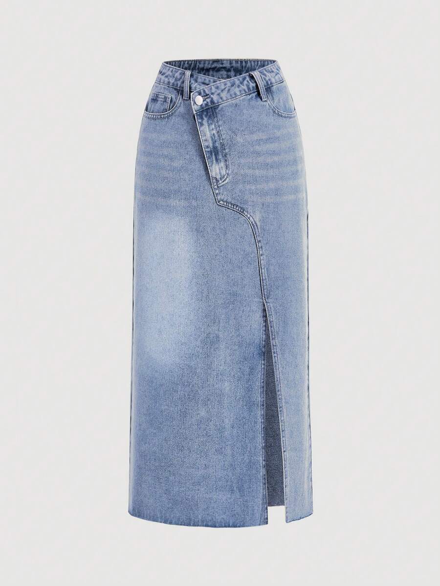 SHEIN MOD Asymmetrical Long Skirt Spring Break Stepped Waist Slit Hem Denim Skirt