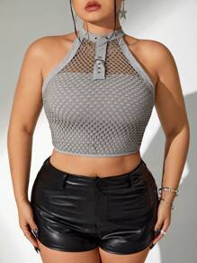 SHEIN ICON Plus Size Solid Hollow Out Halter Neck Street Style Summer Crop Tank Top