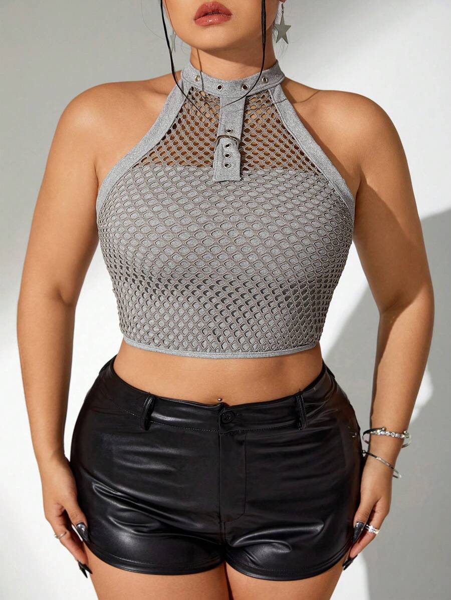 SHEIN ICON Plus Size Solid Hollow Out Halter Neck Street Style Summer Crop Tank Top