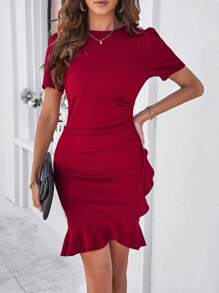 SHEIN Privé Phụ Nữ Mùa Hè Thanh Lịch Màu Trơn Cổ Tròn Ngắn Tay Phồng Ôm Vừa Vặn Ren Viền Váy Midi - Màu Đỏ Sâu - Xem 6