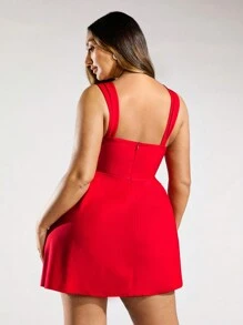 SHEIN BAE Vestido rojo elegante con escote de corazón, diseño recogido de la cintura y vestido con línea A para el verano - Rojo - Ver 2