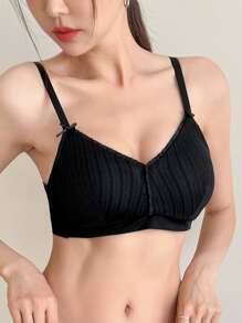 DAZY 简约条纹纹理蝴蝶结装饰文胸无钢圈，返校服 - 黑色 - 查看 6
