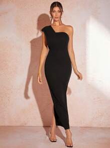 SHEIN BAE Asymmetric One-Shoulder Black Long Dress - Black - View 4
