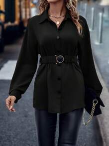 SHEIN LUNE Women's Solid Color Simple Long Sleeve Shirt Fall Cloth For Women - Black - View 4