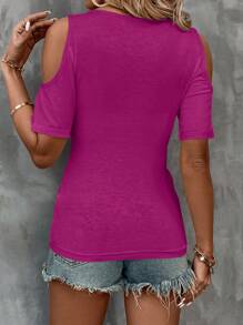 SHEIN Clasi Women Summer Solid Color Slash Neck Off-Shoulder Short Sleeve T-Shirt - Hot Pink - View 2