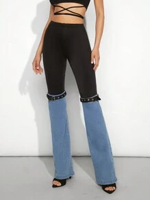 Denimoi 拼色搭扣細節牛仔長褲