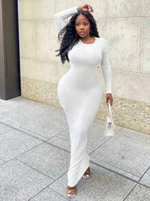 Slaydiva Casual rode bodycon maxi-jurk met ronde hals, celebrity-stijl