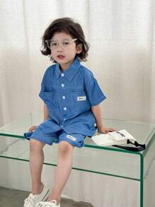 SHEIN Young Boy 2 Pieces Set, Comfortable Short Sleeve  Shirt And Shorts - Blue - View 3