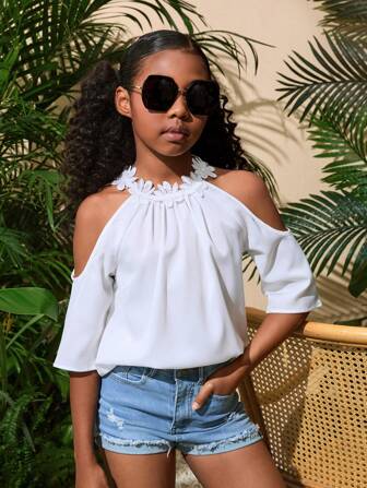 Tween Girl Gorgeous Solid Woven Cold Shoulder Short Sleeve Blouse For Spring And Summer