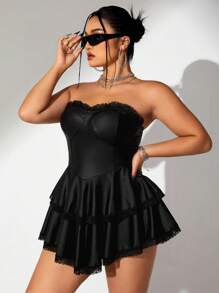 SHEIN ICON Vestido sin tirantes de verano de talla grande con encaje, capas con cordón en la cintura