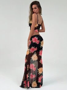 Aloruh 女士优雅花卉印花短款吊带背心，搭配透明网眼和美人鱼裙，两件套，非常适合度假 - 黑色 - 查看 4
