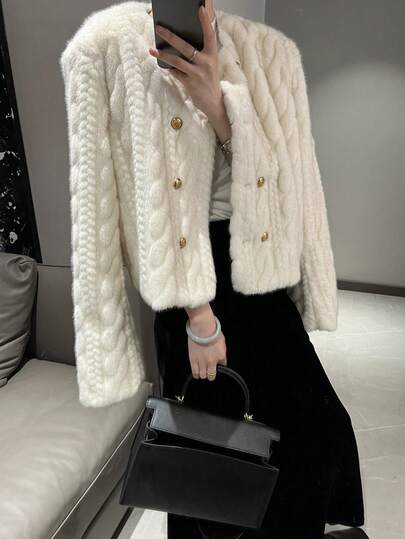 1pc Solid Color Casual Double-Breasted Fluffy Jacket, Autumn/Winter