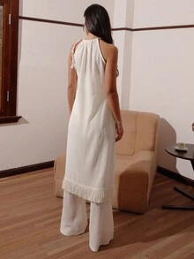 時尚夏季流蘇長短袖上衣寬腿褲套裝 - 杏色 - 查看 2