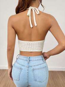 SHEIN PETITE 單色V領領綁頸針織上衣，適用於音樂節