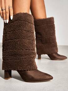 CUCCOO SZL 女士尖頭粗跟經典靴，優雅的戶外毛絨靴，假期鞋夏季特賣 - 棕色 - 查看 7