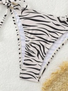 SHEIN Swim Women's Zebra Print Halter Bikini Set With Padded Bra And Tie Side Bottom For Beach Vacation,Summer Beach - Apricot - View 5