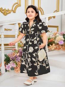 SHEIN Young Girl Graceful Embroidered Lantern Sleeve Long Dress