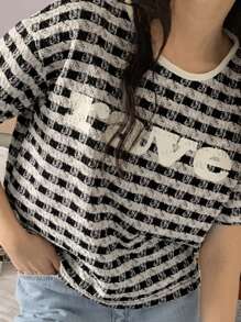 DAZY Camiseta holgada de mujer a cuadros negro y blanco