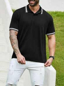 Manfinity Homme 男士大码拼色宽松短袖休闲 Polo 衫夏季男士黑色 Polo 衫男士休闲 Polo 衫男士 Polo 衫>短袖男士 Polo 衫>针织 - 黑色 - 查看 3