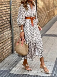 SHEIN LUNE Đầm Maxi Cổ Chữ V In Hình Tay Lồng Đèn Cho Nữ Thường Ngày Phù Hợp Với Trang Phục Nữ - Xám - Xem 1