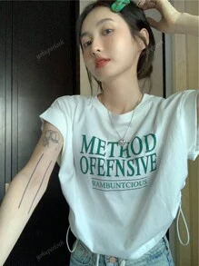 Women Summer Short Sleeve White T-Shirt With Letter Print Round Neckline, Designed For A Loose Fit And Featuring Drawstring Detailing