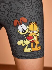 GARFIELD X SHEIN Women Casual Sports Cartoon Printed Elastic Waist Cycling Shorts Workout Black Leggings For Summer