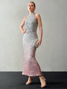 MOTF PREMIUM OMBRE SEQUINS HALTER NECK DRESS,HOLIDAY PARTY BIRTHDAY FORMAL EVENING OCCASSION - Silver - View 4