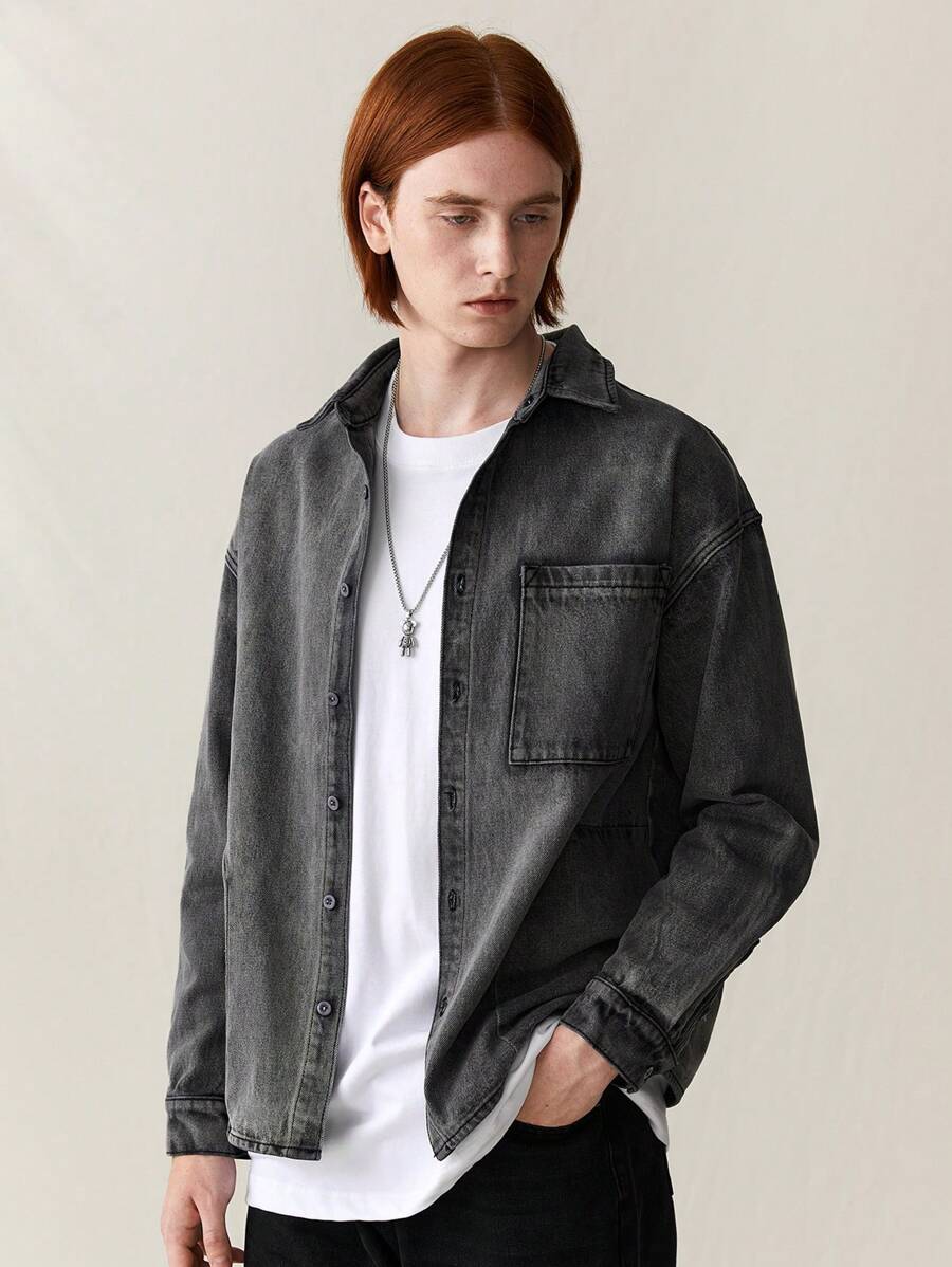 Manfinity Hypemode Camisa casual de mezclilla gris claro para hombre - Gris Claro - Ver 1