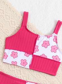 Young Girl Flower Printed Color Block Patchwork Bikini Set Summer Beach