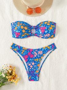 Swim Mod Women Summer Beach Random Flower Print Hollow Out Bandeau Bikini Set - Multicolor - View 1