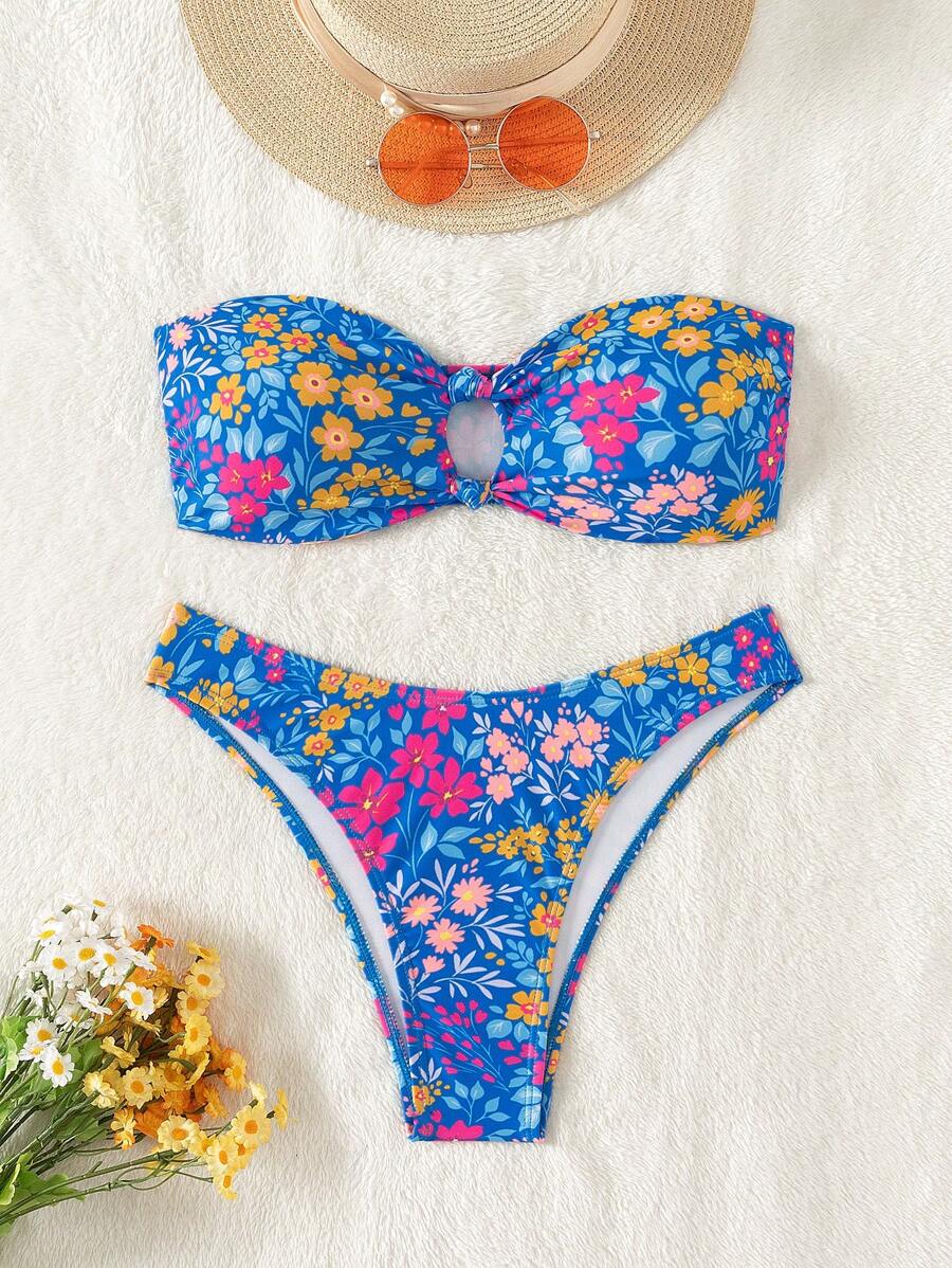 Swim Mod Women Summer Beach Random Flower Print Hollow Out Bandeau Bikini Set - Multicolor - View 1