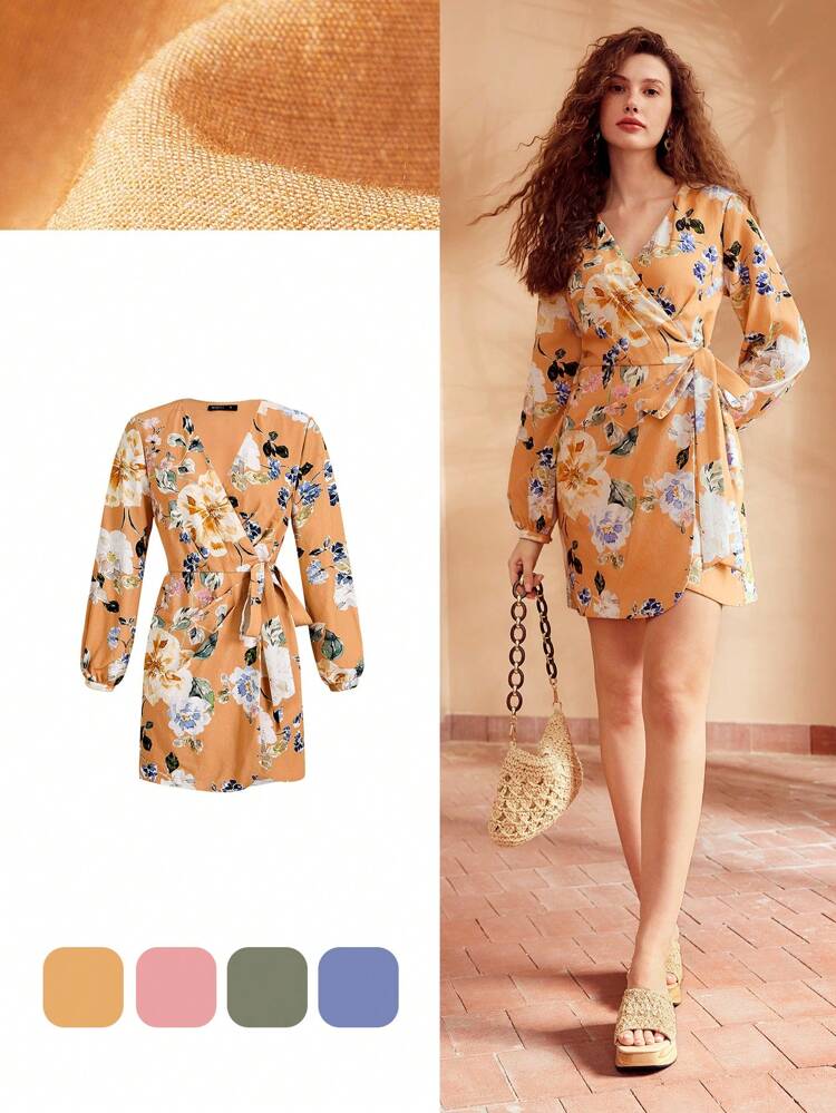 FLORAL PRINT SURPLICE NECK WRAP KNOT DRESS