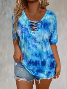 LONESS Plus Size Women Tie-Dye Printed Scoop Neck Short Sleeve Casual T-Shirt For Summer - Multicolor - View 4