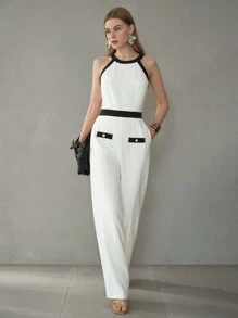 MOTF PREMIUM CONTRAST BINDING SLANT POCKET SEAM FRONT HALTER JUMPSUIT - Black and White - View 6