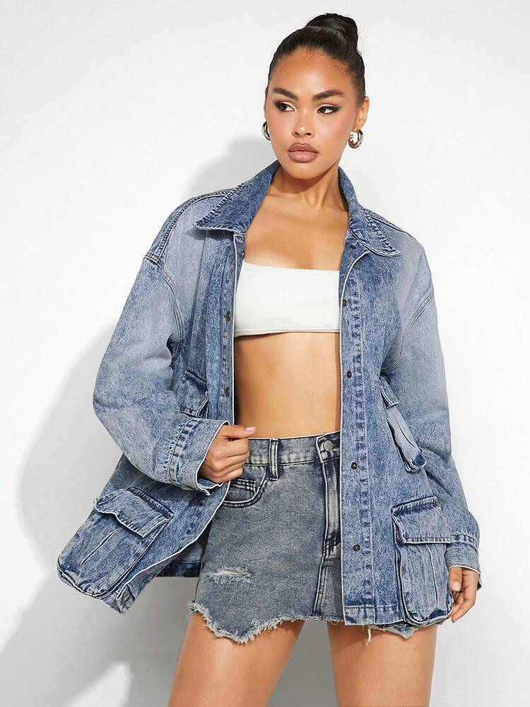 Casual Cargo Drop Shoulder Denim Jacket