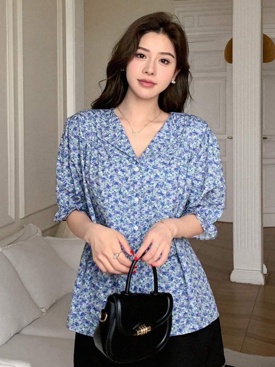 DAZY Women Loose Short Sleeve Shirt With Floral Turn-Down Collar Vacation Outfits Women Easter Boho - Blue - View 1