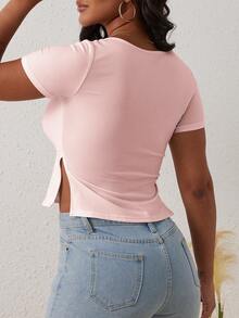 Summer Y2K Short Sleeve Chest Pleated Side Slit T-Shirt - Pink - View 2