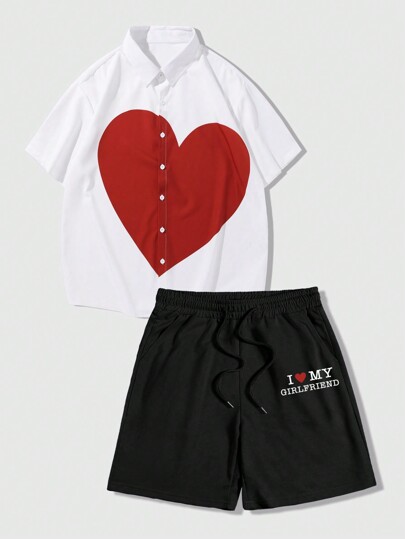 Street Life مجموعة رجالية صيفية عارضة مكونة من قميص قصير الأكمام مطبوع عليه كتلة الألوان بشكل قلب و شورت مع شعار مطبوع