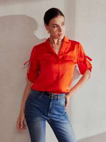 MOTF Classy CAMISA DE BOLSILLO CON SOLAPA Y MANGA CON BOTÓN ENROLLABLE, EN unicolor PARA EL VERANO - Rojo - Ver 8