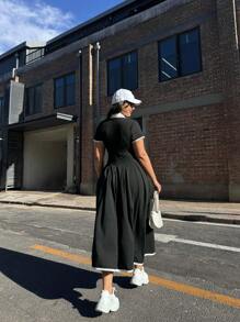 POPSWAY Women Plus Size Color Block Short Sleeve Waist Cinched Dress, Summer Outfit - Black and White - View 2