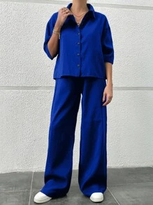 EURMUSE 女性兩件套襯衫和長褲組合 - 寶藍色 - 查看 6