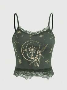 ROMWE Fairycore Sun & Moon Graphic Contrast Lace Cami Top