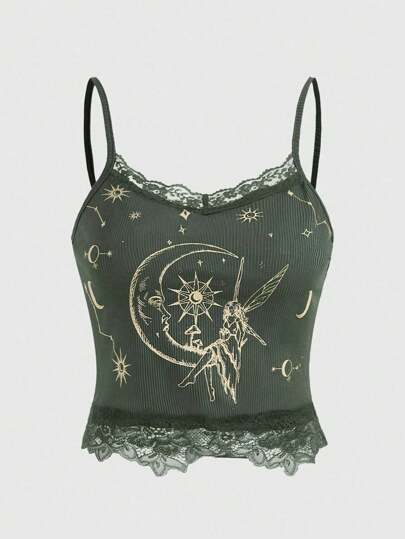 Fairycore Sun & Moon Graphic Contrast Lace Cami Top
