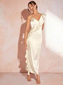 SHEIN BAE Women's Satin Mermaid Hem Dress With Ruffle Trim, Draped Design, Asymmetric Neckline, Spaghetti Straps, Long Slit, Elegant Wedding Dress