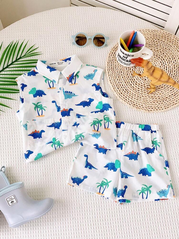 Baby Boy Cartoon Dinosaur Pattern Sleeveless Shirt And Elastic Waist Shorts Set