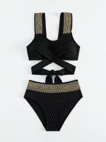 SHEIN Swim Damen Urlaubs-Bikini-Set mit Spaghettiträgern, Patchwork-Webmuster und verschränktem Knotendetail für den Sommer