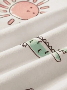 Cozy Pixies Baby Boy Cartoon Animal Pattern Soft Knit Round Neck Short Sleeve Pullover Top And Solid Color Shorts Set