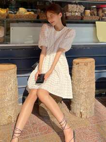 DAZY 女士夏季休闲纯色泡泡袖纹理连衣裙太阳裙