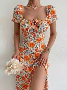 SHEIN Privé Allover Floral Knot Split Thigh A-Line Dress - Orange - View 8