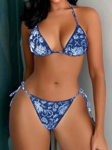 SHEIN Swim Random Printed Bikini Set For Beach Vacation,Summer Beach - Blue and White - View 5